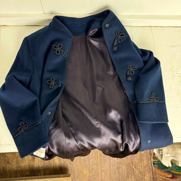 vintage: 60s 70s Navy Blue Wool Coat w Rope Closures - Picture 3 of 7